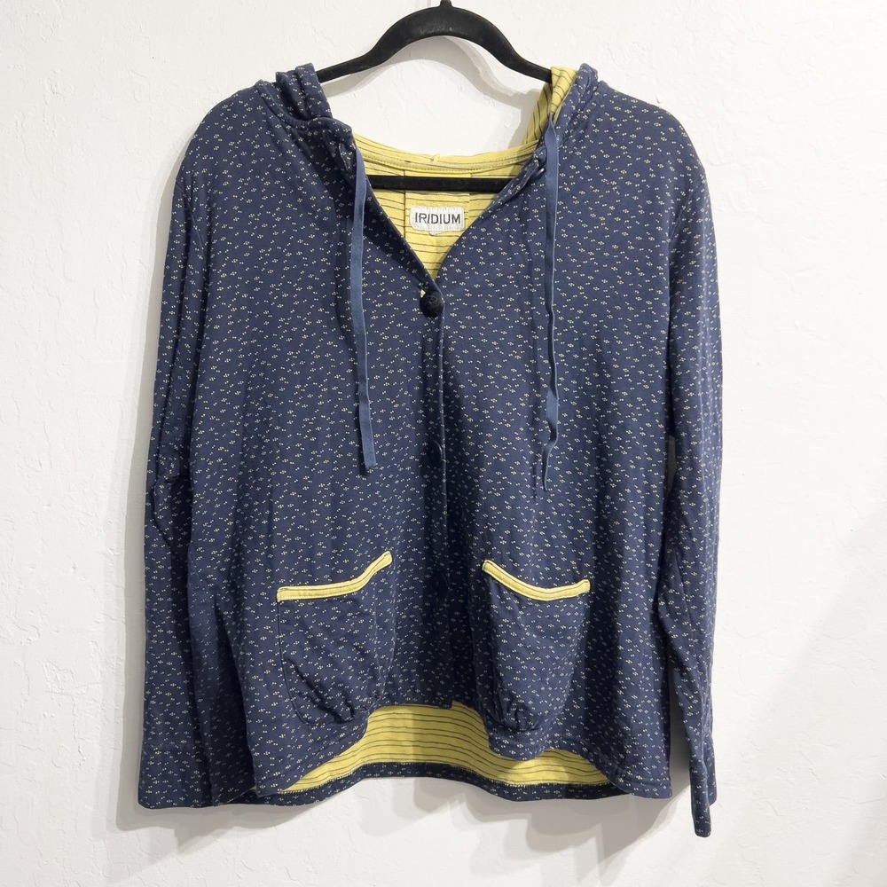 IRIDIUM Button Down Hood Cardigan Striped Lined Top Medium Navy Blue Yellow